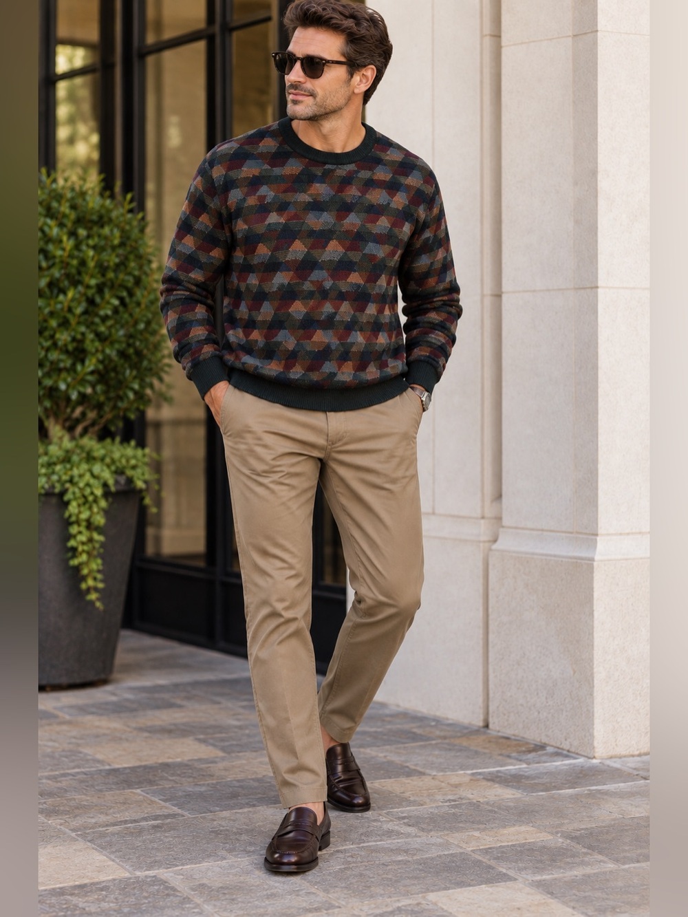 Vintage Tricots St Raphael Men’s Large Geometric Knit Sweater Multicolor Preppy